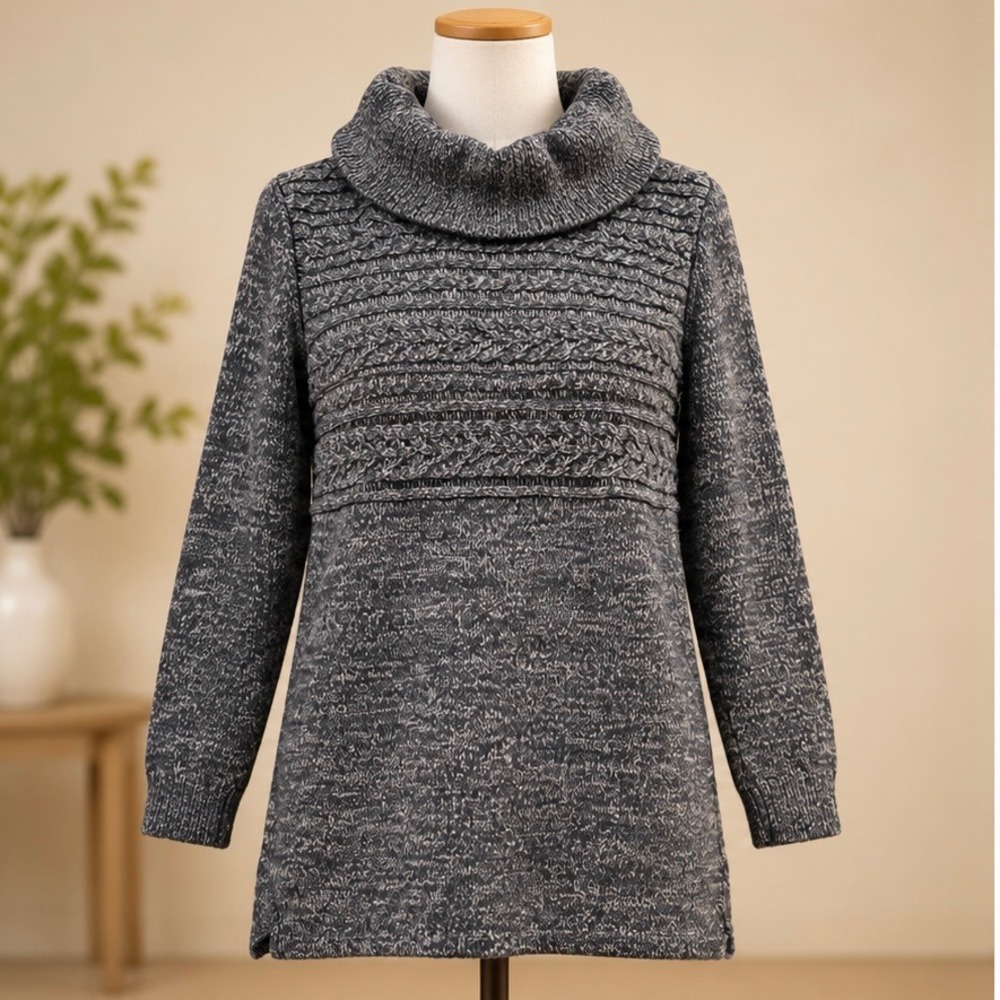Karen Scott Womens Gray Marled Cable Knit Cowl Neck Tunic Sweater Size S